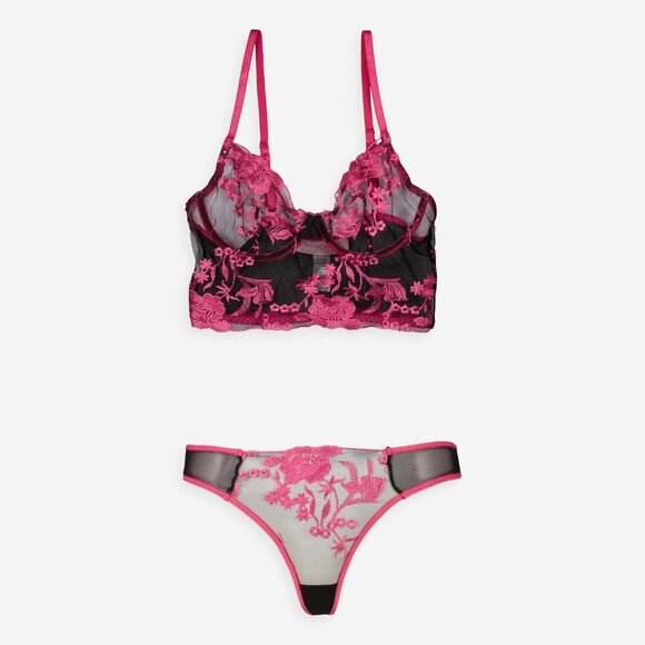 Bed of Roses Black Pink Floral Bra Thong Set S - Picture 2 of 6